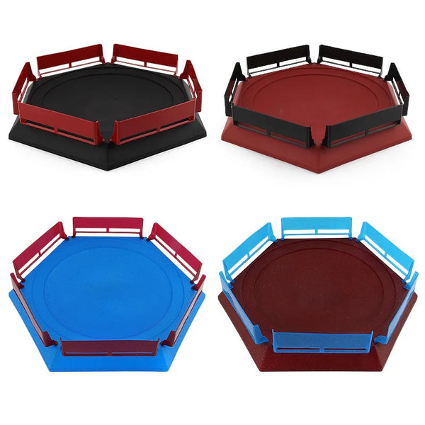 Three versions of a gyroscopic spinning top for stadium play in black, maroon, and blue.