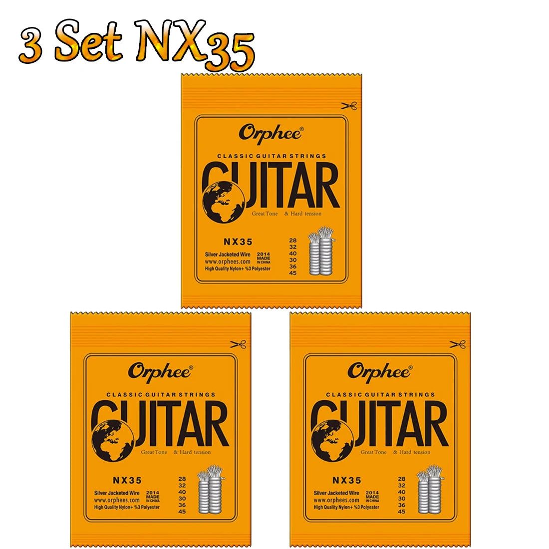 Three sets of Orphée guitar strings labeled NX35 showing different gauges and packaging.