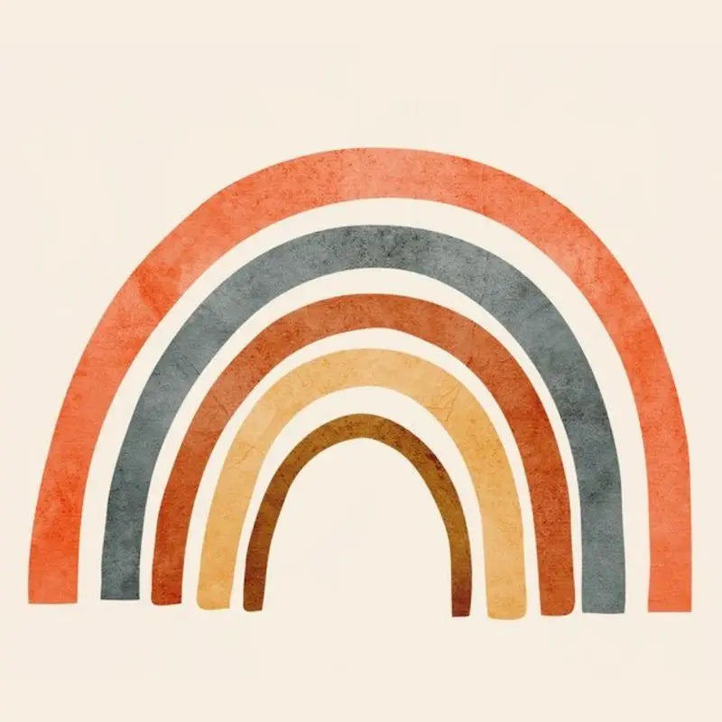 A watercolor rainbow arch design featuring shades of orange, brown, and gray.