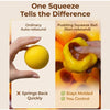 A hand demonstrates the difference between an ordinary auto-rebound squeeze ball and a non-rebound pudding squeeze ball.