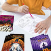 A child is coloring a Halloween page from a set of festive coloring books.