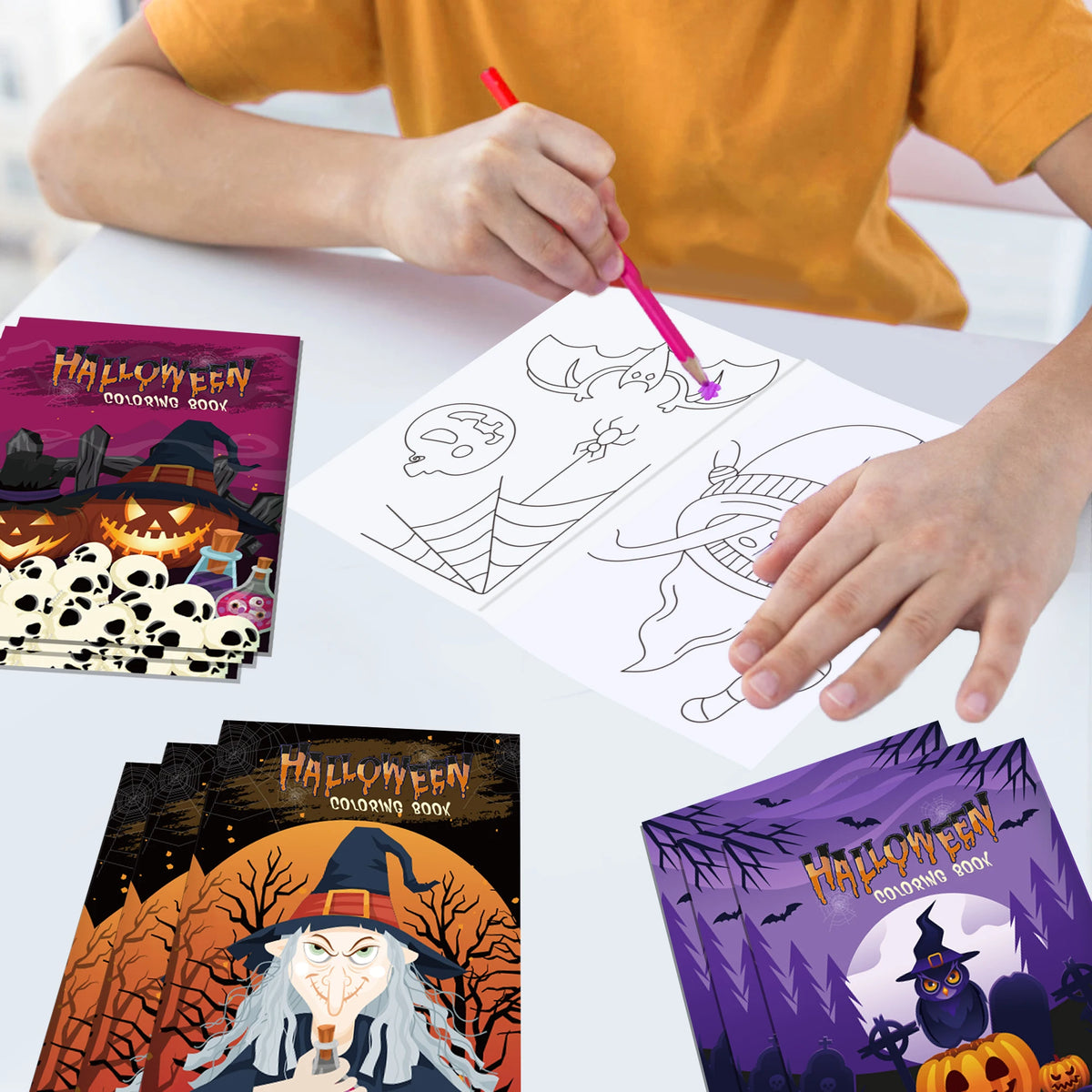 A child is coloring a Halloween page from a set of festive coloring books.