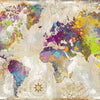 A vintage-style map of the world featuring colorful regions and a compass rose.