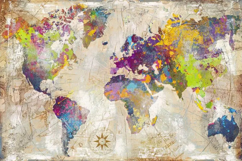A vintage-style map of the world featuring colorful regions and a compass rose.