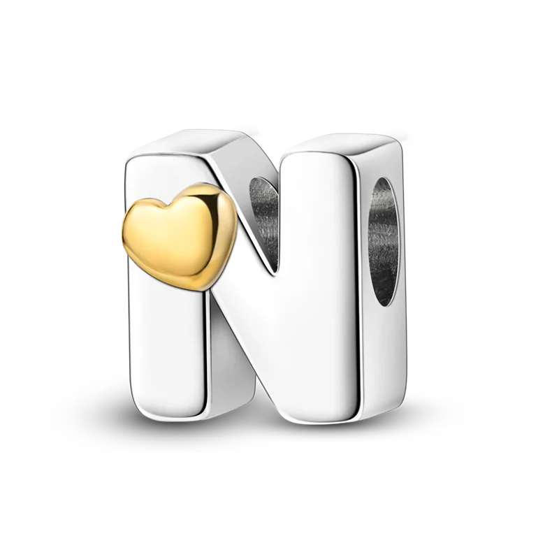 A personalized sterling silver alphabet charm bead shaped like the letter N with a heart accent.
