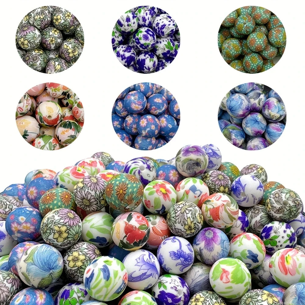 A collection of colorful printed silicone beads in various patterns and colors for DIY jewelry making