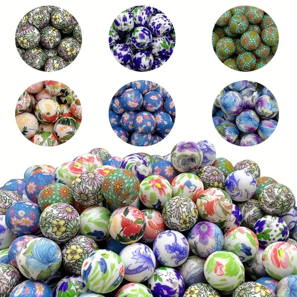 مجموعة من خرز السيليكون المطبوع بألوان وأنماط متنوعة لصناعة المجوهرات اليدوية