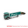 A green 1:64 scale diecast container truck with a white trailer and black car model.