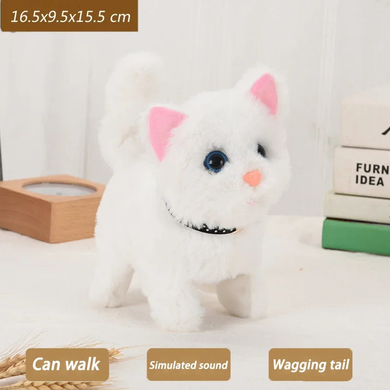 A white plush cat toy with pink ears and blue eyes is shown standing on a white surface.