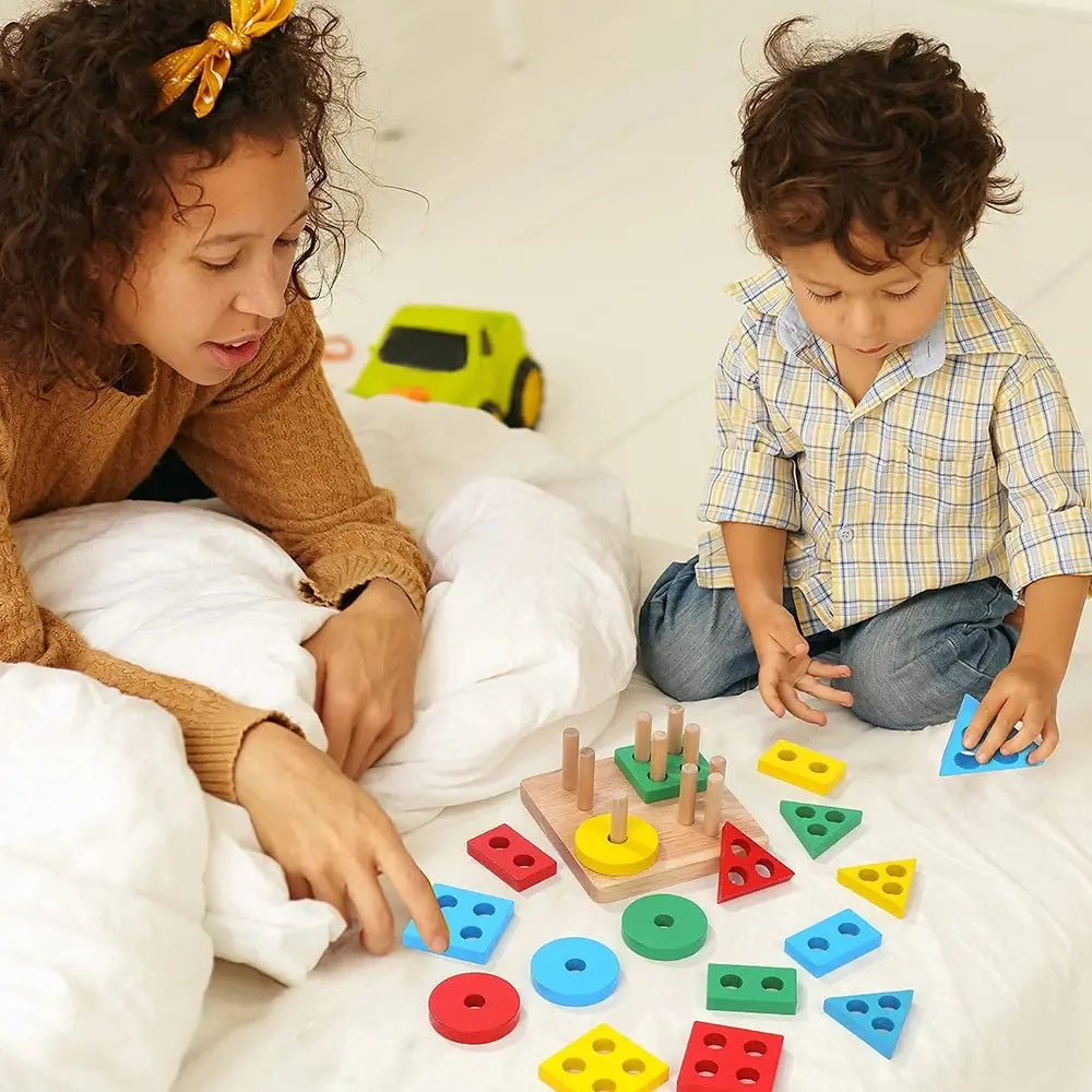 Wooden Shape Sorter & Stacking Toy for Toddlers