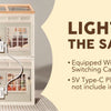 A wooden miniature dollhouse kit featuring a bedroom scene with integrated LED lighting components.