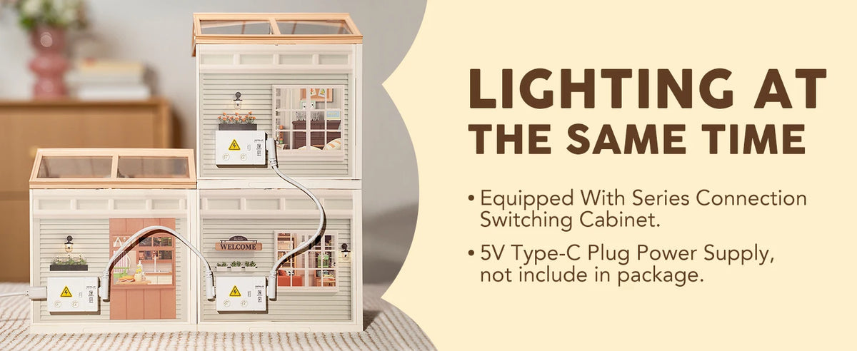 A wooden miniature dollhouse kit featuring a bedroom scene with integrated LED lighting components.