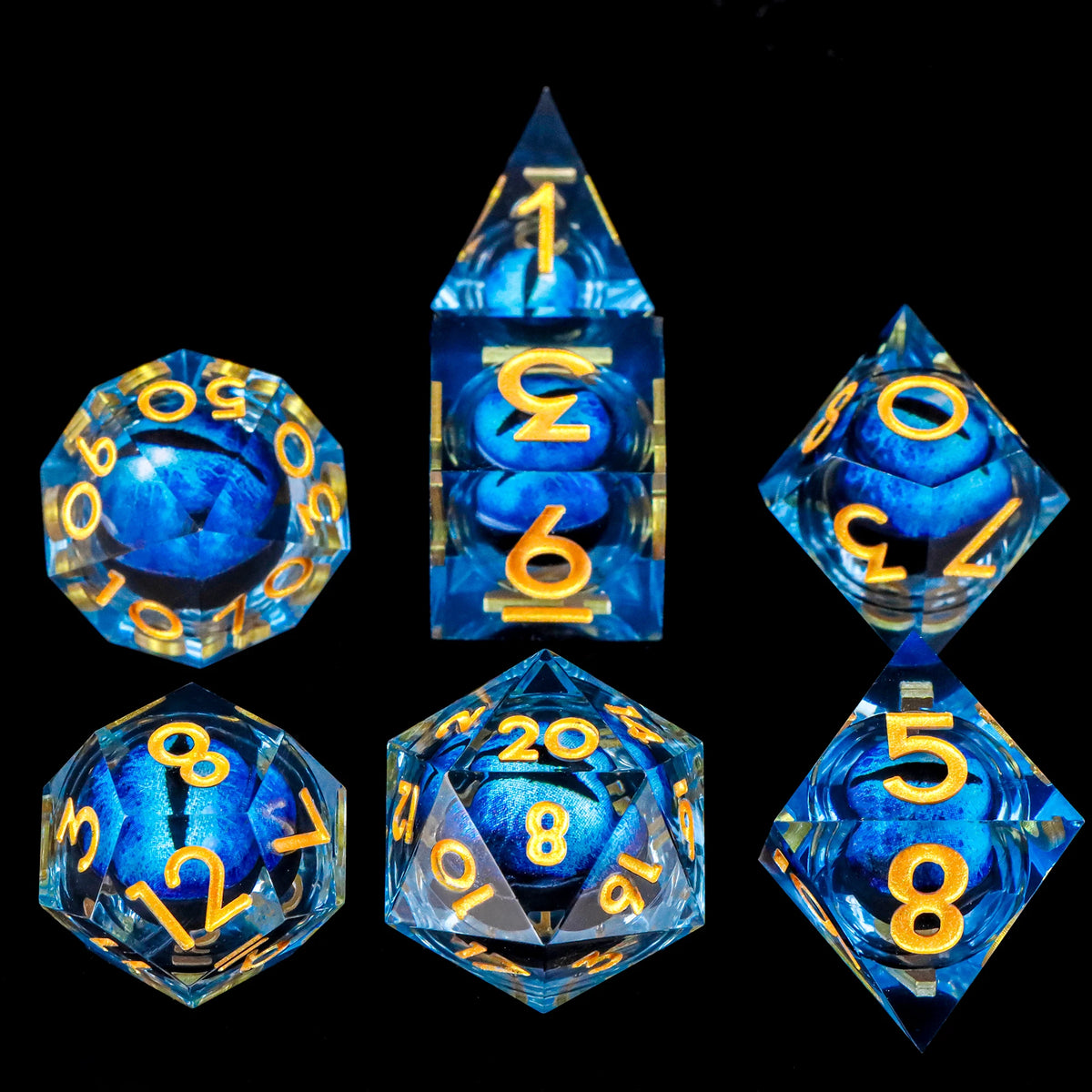 A set of seven sharp edge resin dice in blue and clear resin, including a pyramid shape and a dodecahedron.