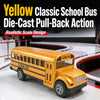 A yellow die-cast school bus with pull-back action displayed on a white surface.