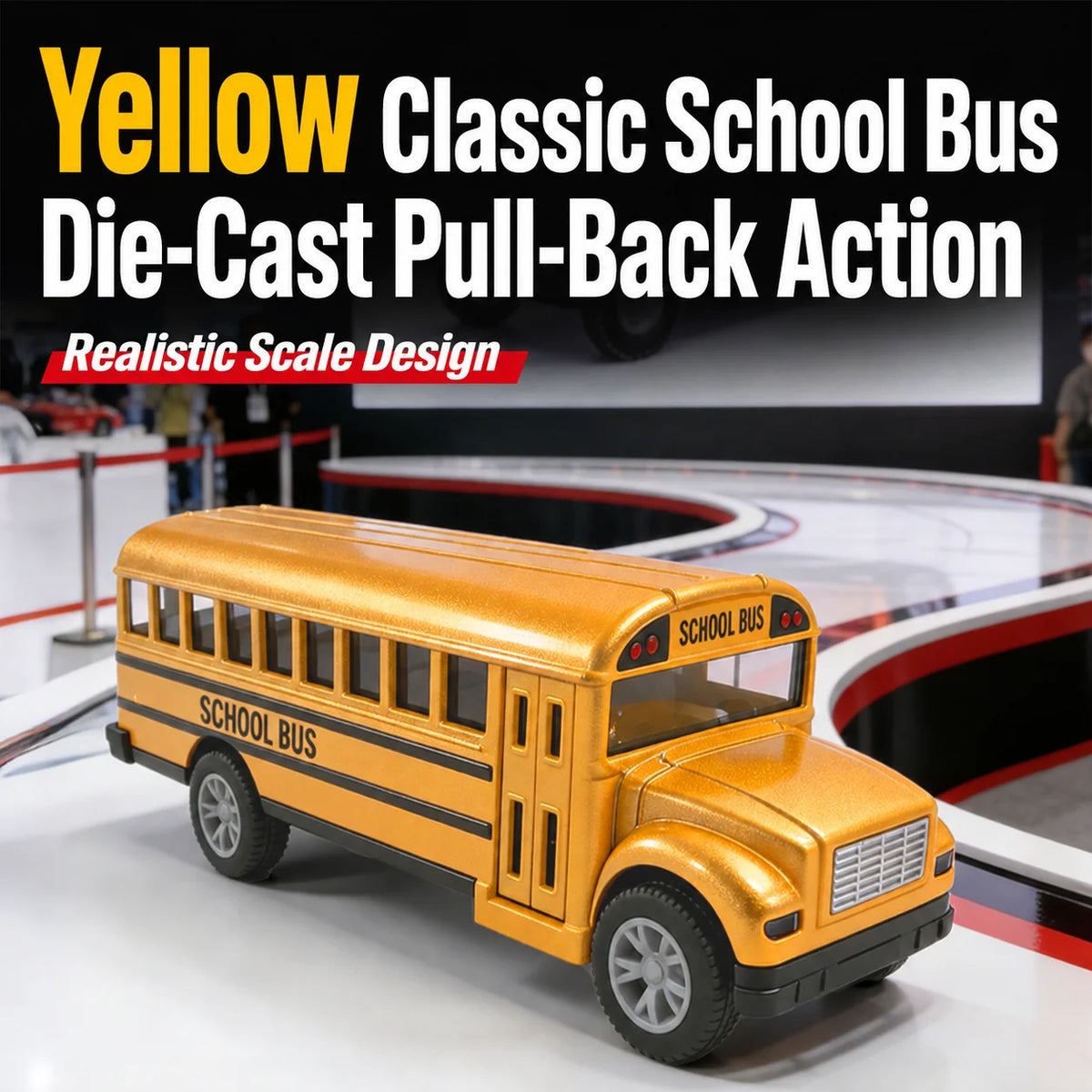 A yellow die-cast school bus with pull-back action displayed on a white surface.