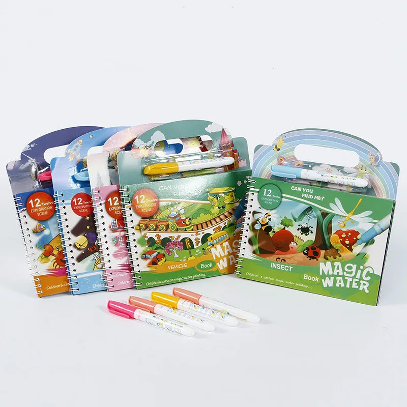 A set of reusable magic water painting books for toddlers featuring various scenes and insects.