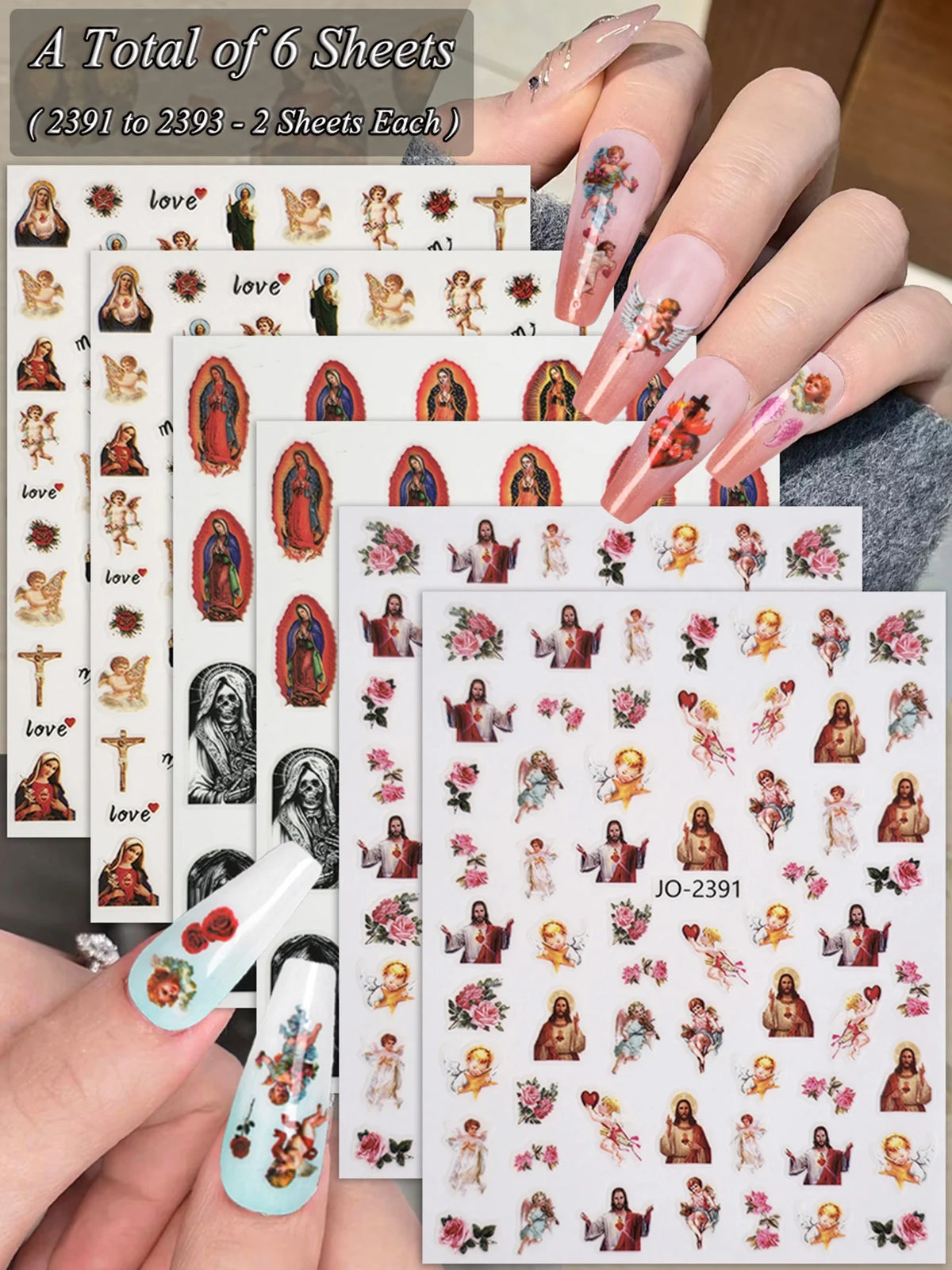 A set of six sheets of vintage angel and saint nail art stickers featuring cherubs and crosses on a hand