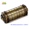 A brass metal cryptex lock resembling a Da Vinci style mechanism with rings and a dial.