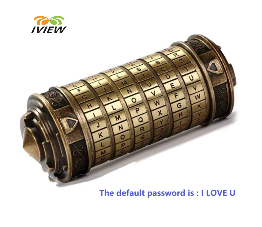 A brass metal cryptex lock resembling a Da Vinci style mechanism with rings and a dial.
