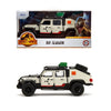Diecast collectible of a white Jeep Gladiator vehicle featuring a Jurassic theme and a dinosaur model.