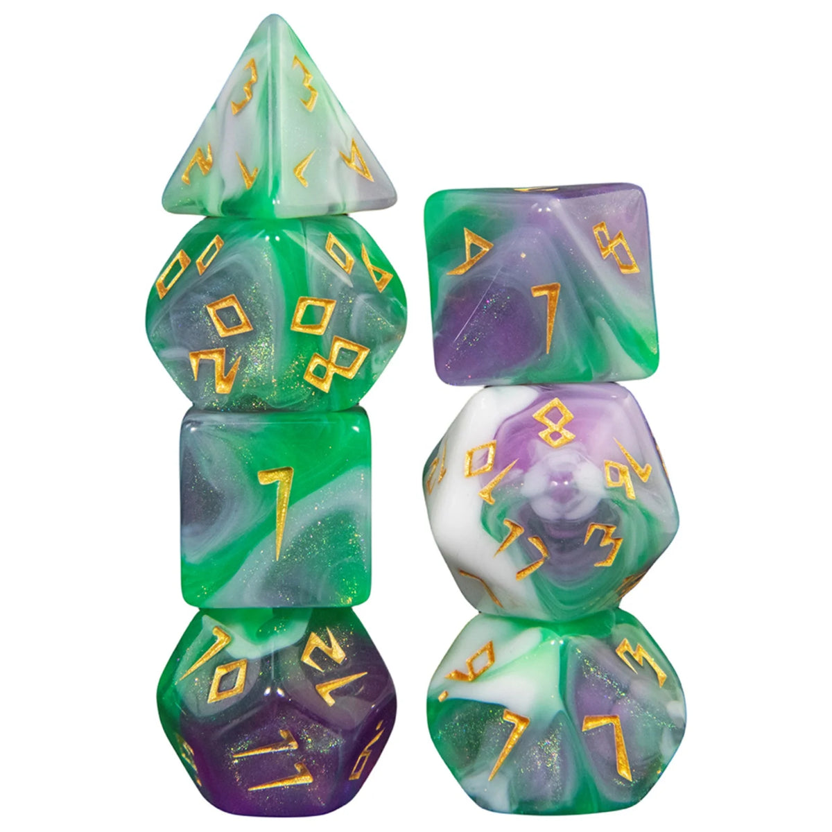 A set of seven polyhedral dice made of marbled green and purple resin with gold glitter accents.