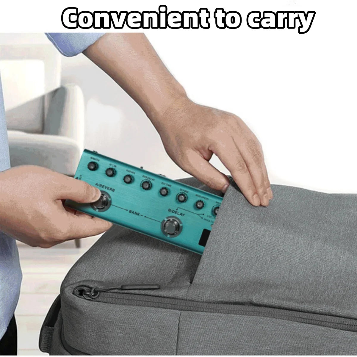 A hand is placing a teal multi-effects processor into a gray carrying bag.