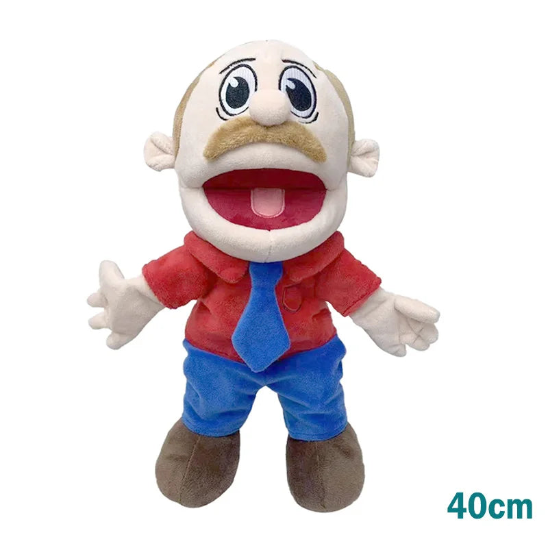 A realistic plush hand puppet with white hair, a mustache, and a red shirt and blue pants.