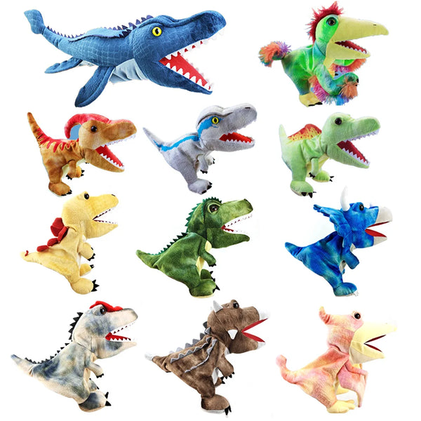 A collection of various dinosaur hand puppet plush toys in different colors and styles.