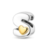 A sterling silver letter S charm with a heart pendant, set against a black background.