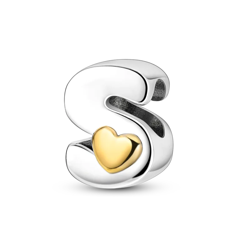 A sterling silver letter S charm with a heart pendant, set against a black background.