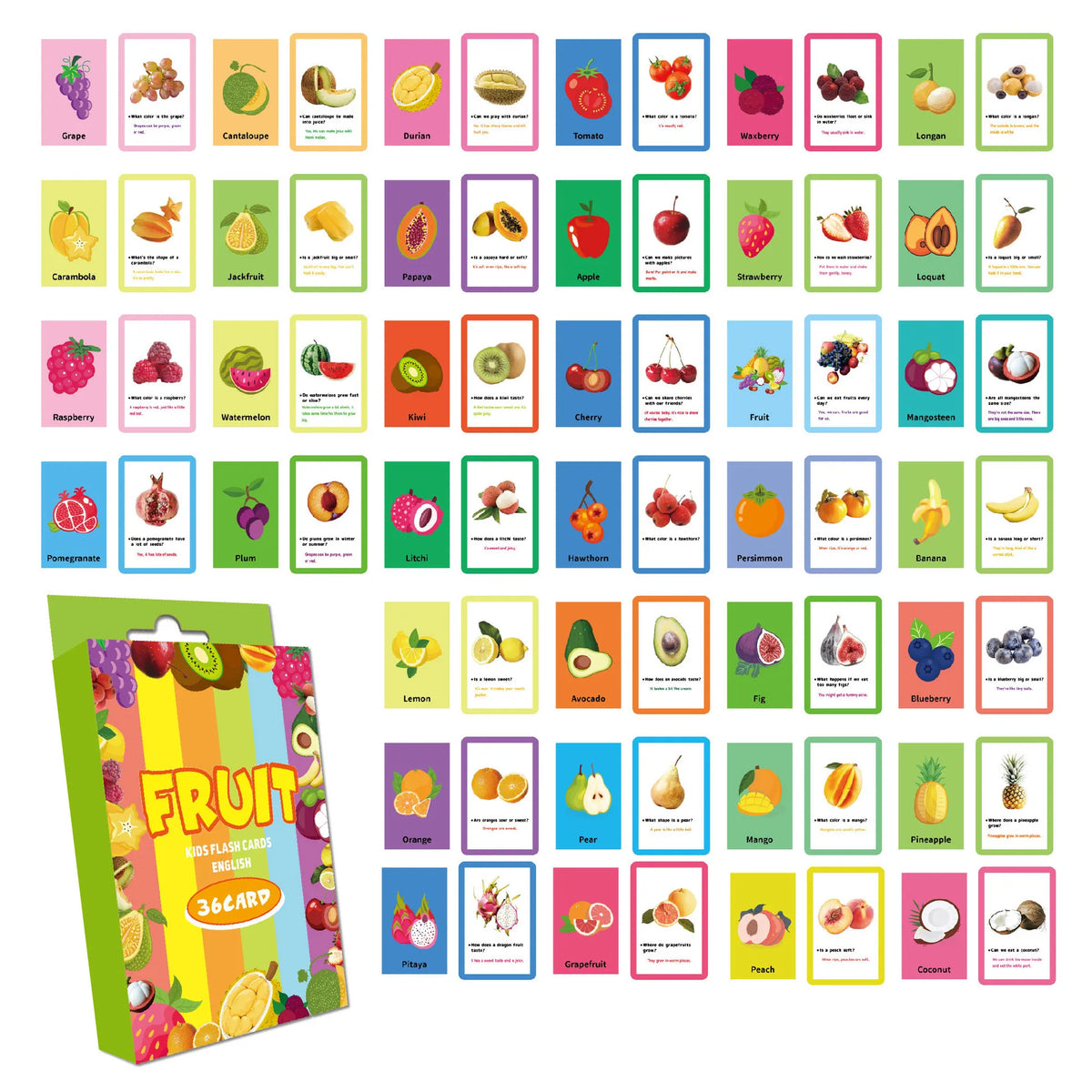 A colorful box of early learning flash cards featuring various fruits and vegetables for children.