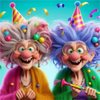 Two elderly women with brightly colored hair and glasses smiling while holding a pink paint brush