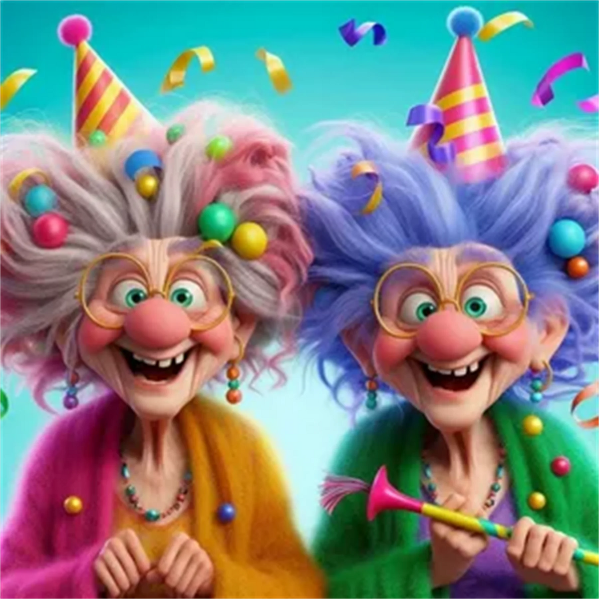 Two elderly women with brightly colored hair and glasses smiling while holding a pink paint brush