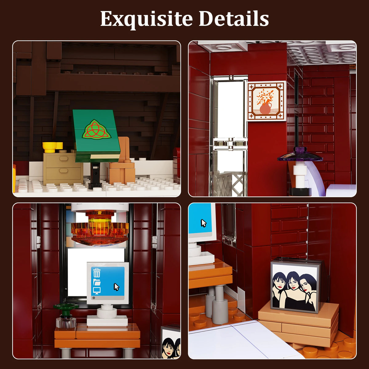 A detailed model kit of a Charmed house built from building blocks, featuring red and brown elements.