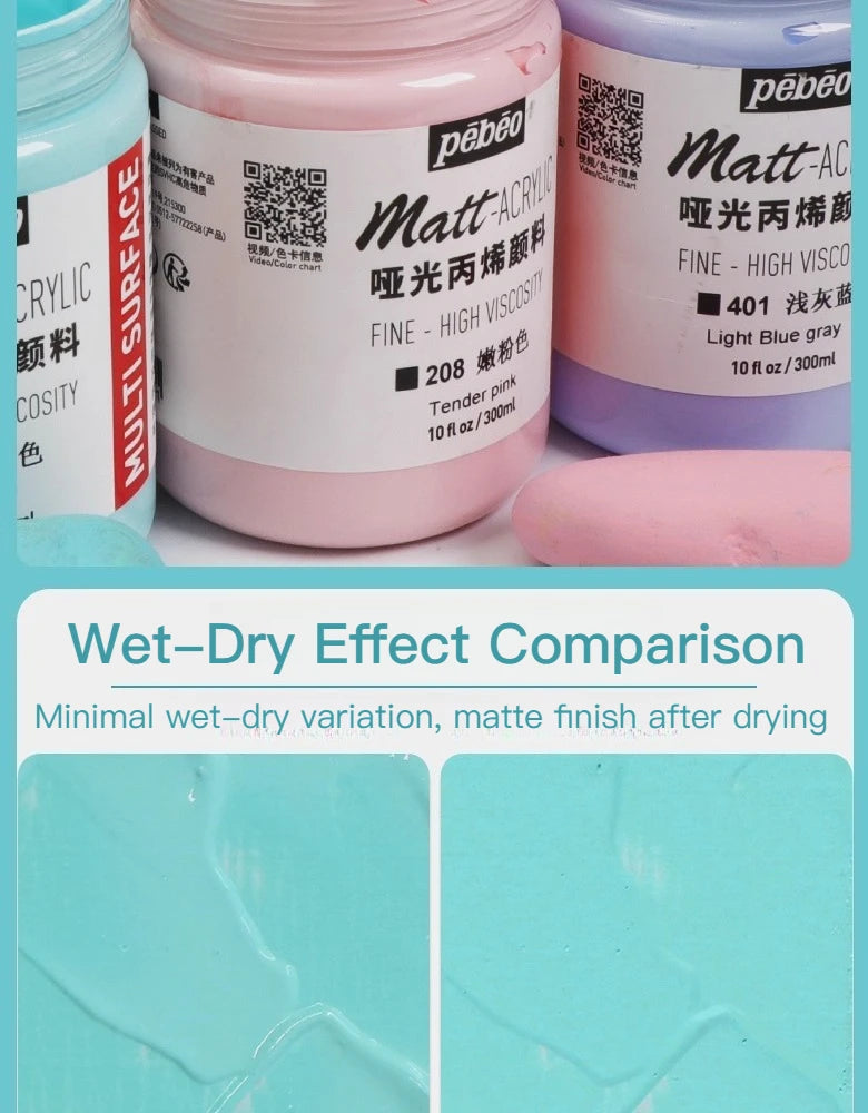 Comparison of wet-dry effect for PEBEO Matte Acrylic Paint in pink and purple colors.
