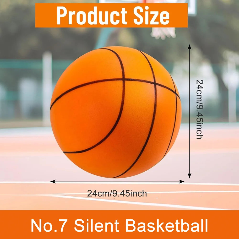 An orange No. 7 silent basketball is shown against a blurred outdoor background.
