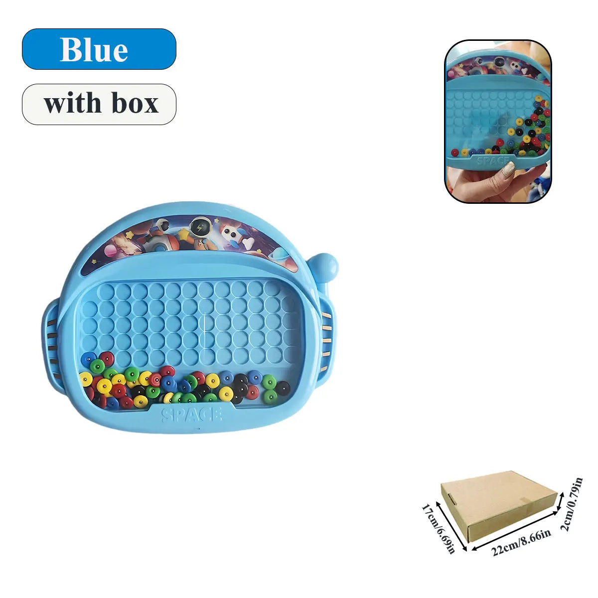 Blue magnetic doodle board for kids with a box showing colorful beads and a pen