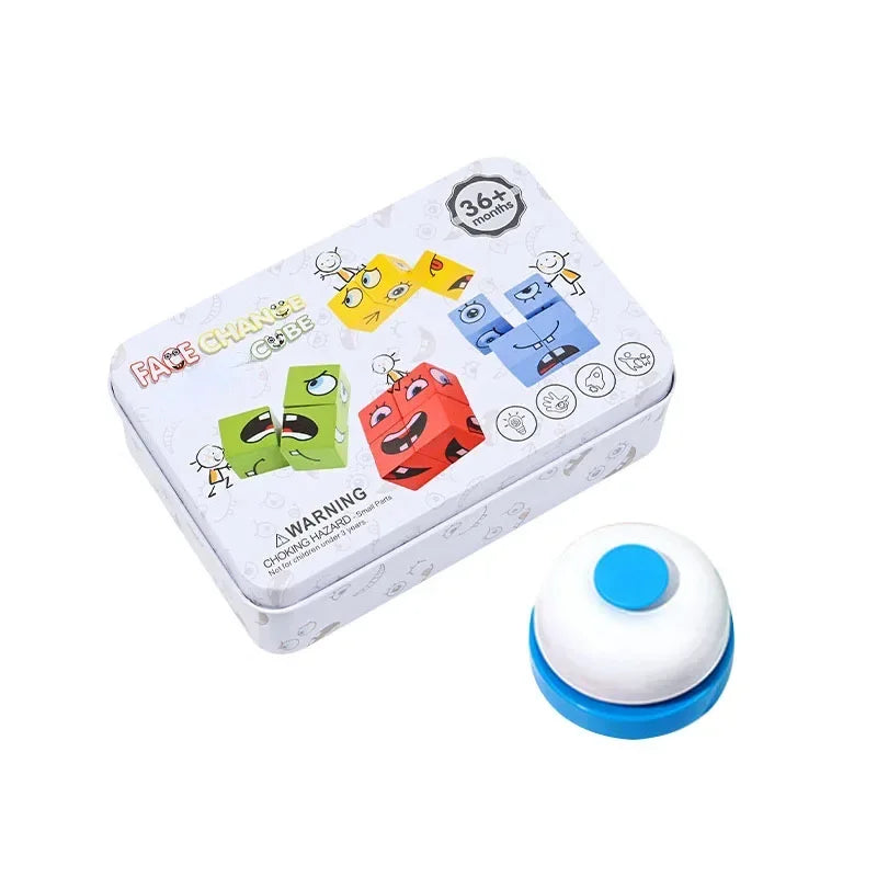 A box of a wooden face-changing cube puzzle game for kids with various facial expressions.