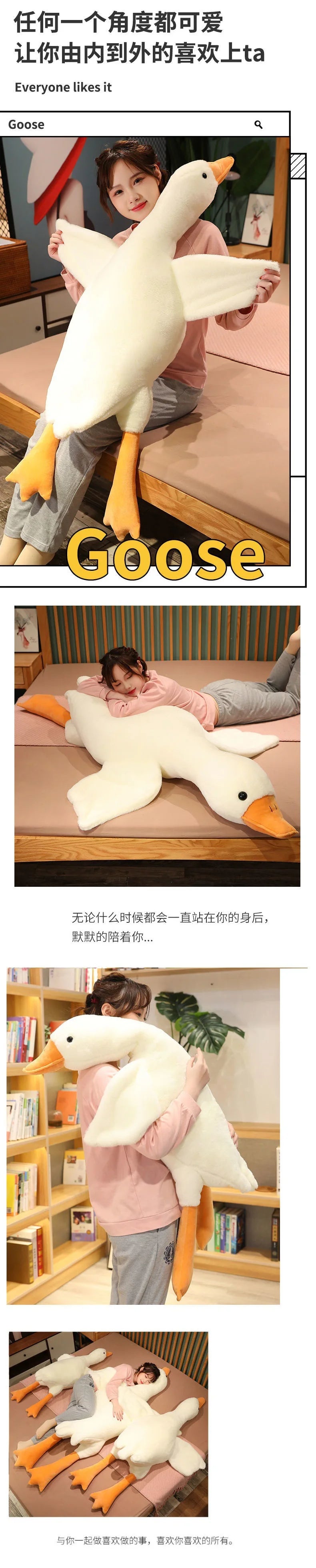A person is cuddling a large white plush goose pillow with orange feet.