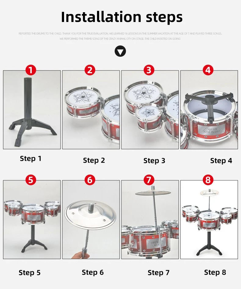 Installation steps showing how to assemble a kids jazz drum set from individual parts.