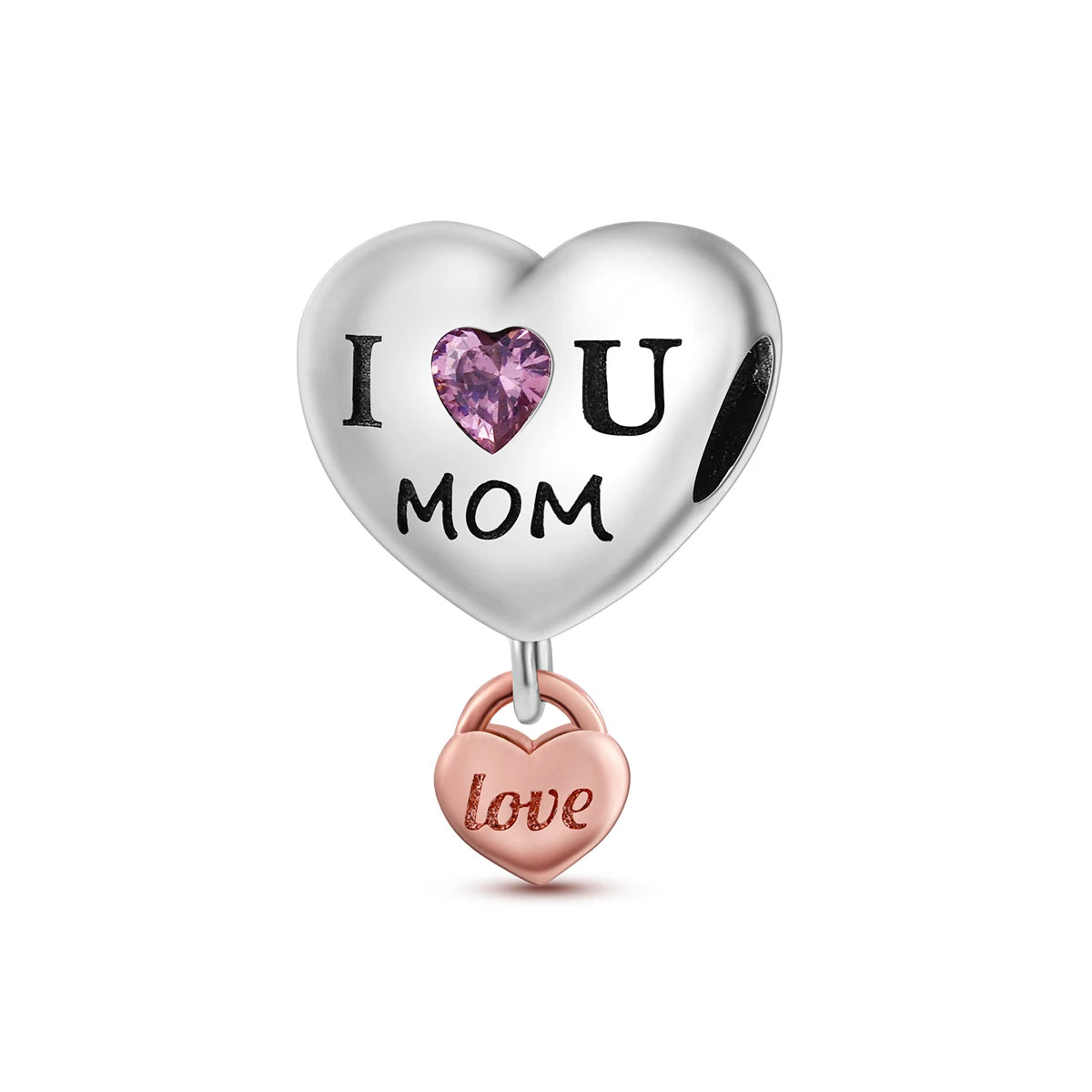 Silver-Plated Heart Charm Bead with Cubic Zirconia for Bracelets and DIY Jewelry