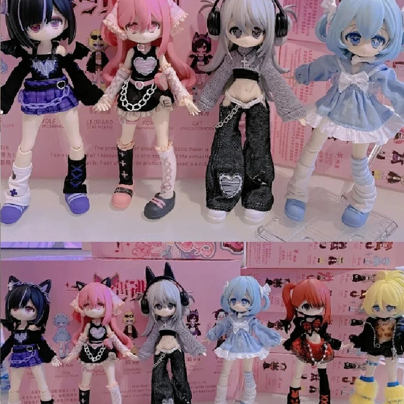 A collection of five articulated vinyl art figures from the Escape Plan Series mystery box featuring various hair colors and 