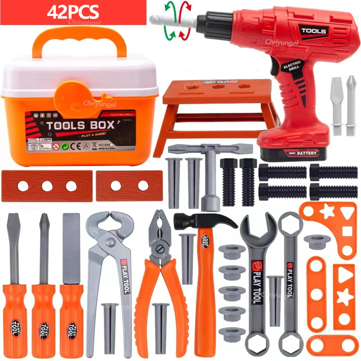 A red electric drill and a set of orange tools including screwdrivers, pliers, and wrenches for kids play.