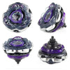 A set of metal spinning tops featuring purple and silver accents, shown from multiple angles.
