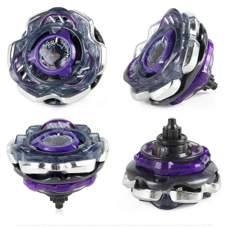 A set of metal spinning tops featuring purple and silver accents, shown from multiple angles.