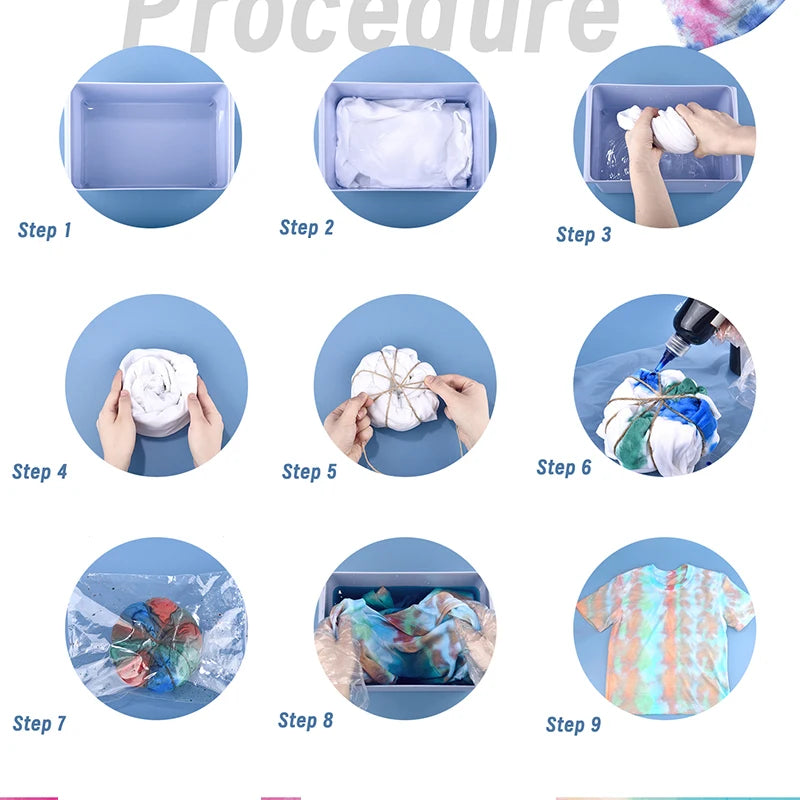 A nine-step procedure showing how to use textile fabric dye powder for clothing refurbishment.