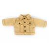 A tan denim jacket for 1/12 scale dolls with a collar and button closure.