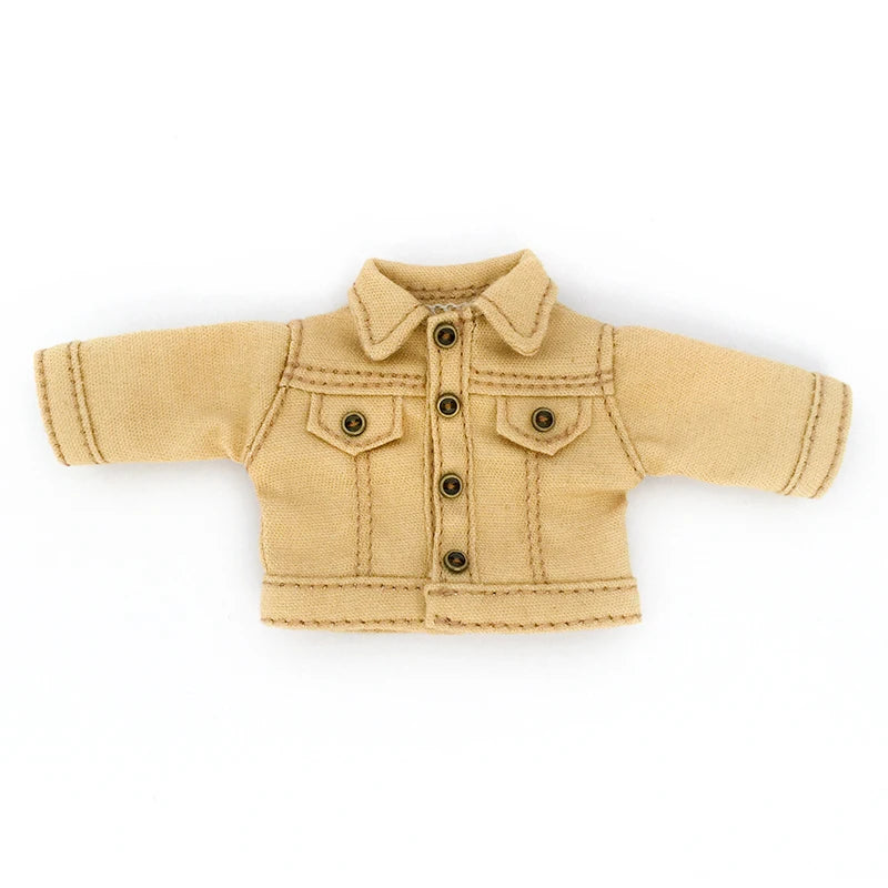 A tan denim jacket for 1/12 scale dolls with a collar and button closure.