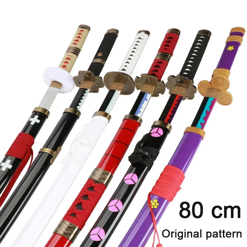A collection of eight wooden katana swords with various colored hilts and patterns for cosplay.
