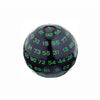 A black 100-sided acrylic polyhedral die showing various numbered faces.